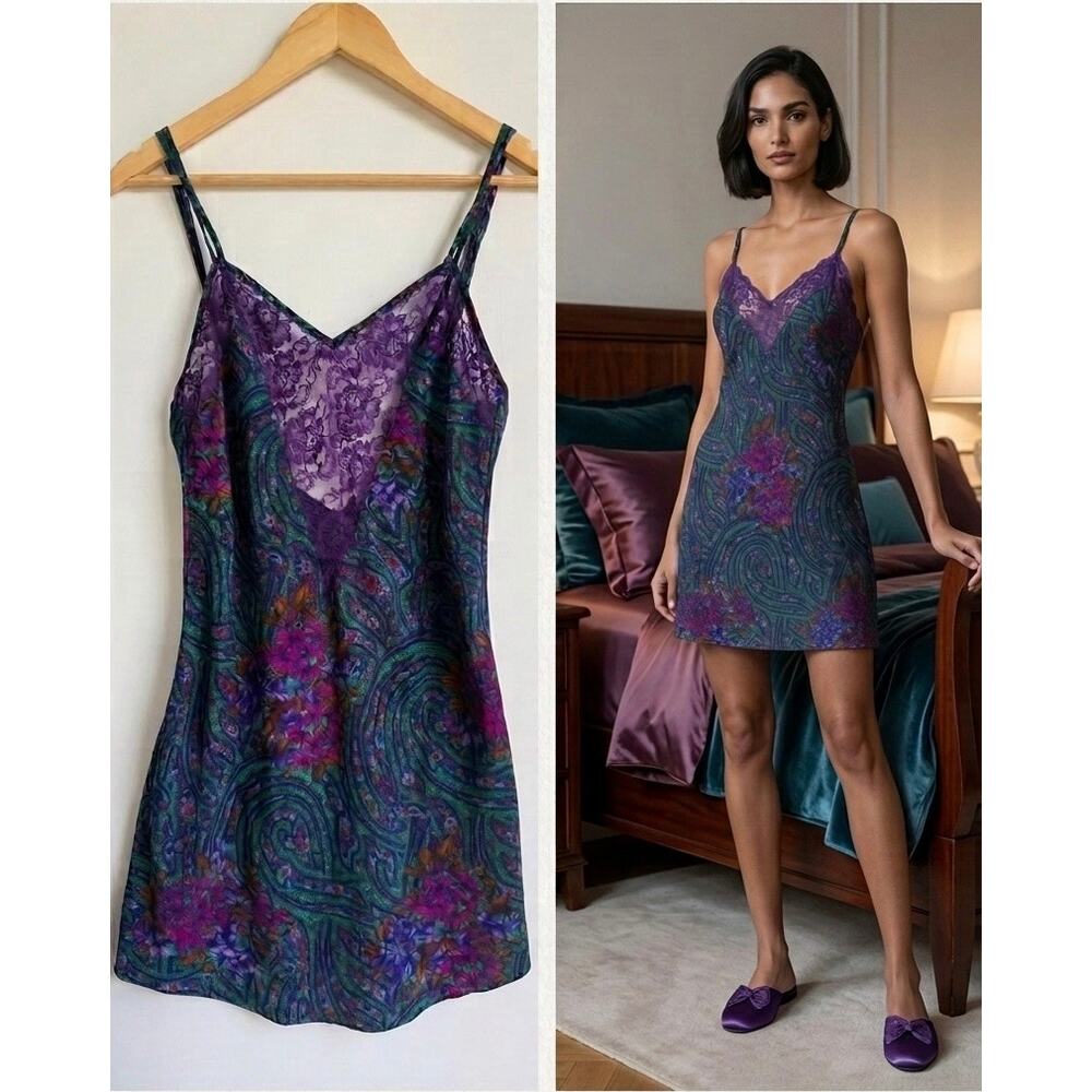 Vtg 90s Paisley Silk Satin Lace Slip Dress Nightgown Size Small Purple Mini Y2K